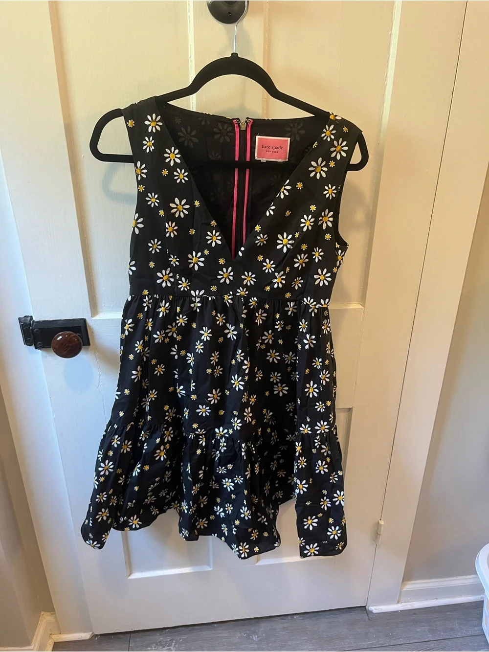 Kate Spade Daisy Dots Vineyard Tiered Sleeveless Cotton Blend Mini Dress Black 6